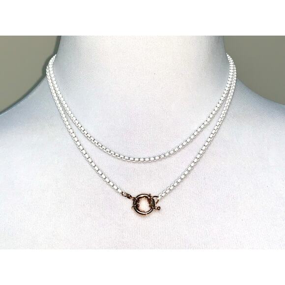 ITS sense White Enamel Double Box Chain Faux Clasp Pendant Earring Set NWT - Picture 2 of 6